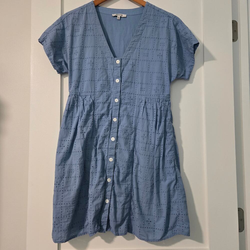 Madewell XXS Tranquil Lake Blue Button-Front V-Neck Eyelet Mini Dress